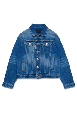 DSQUARED2 Giacca in denim blu medio con abrasioni | Bambino Giacche E Cappotti | Denim-Mania